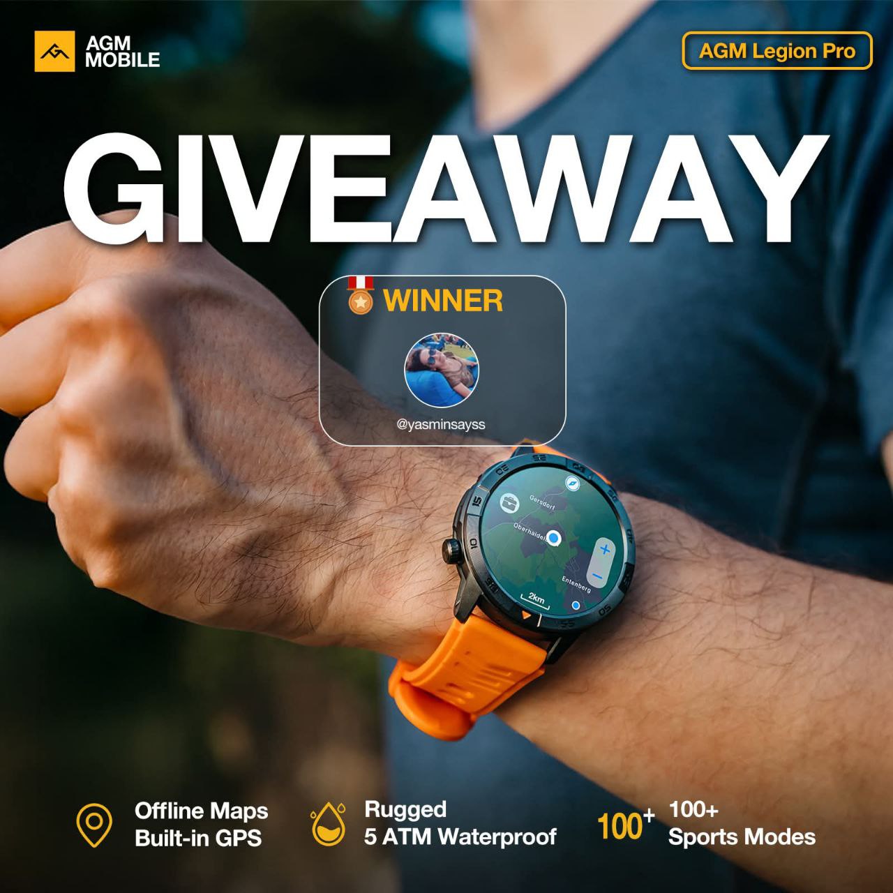 AGM Legion Pro | GPS | Carte hors ligne | 5 ATM | Étanchéité IP68 | Plus de 100 modes sportifs | Montre connectée