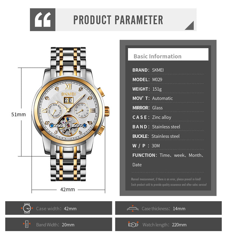 SKMEI  - Montre automatique mécanique en acier inoxydable étanche à 30 m, 42 mm, pour homme