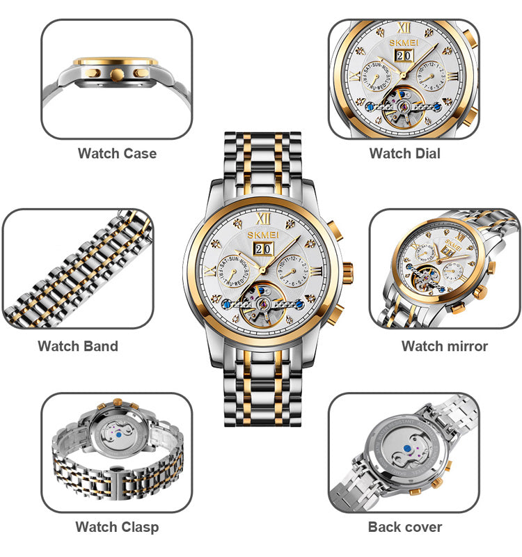 SKMEI  - Montre automatique mécanique en acier inoxydable étanche à 30 m, 42 mm, pour homme