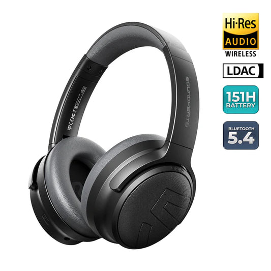 SoundPEATS Space Pro, en noir, drivers doubles et compatible avec LDAC pour un son spatial 360º et une réduction de son avec IA qui réduit jusqu'à 47 dB- 151 heure d'autonomies